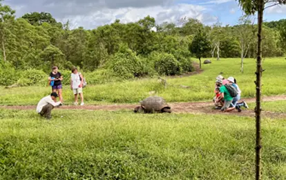 Personas admirando una tortuga gigante de Galápagos.
